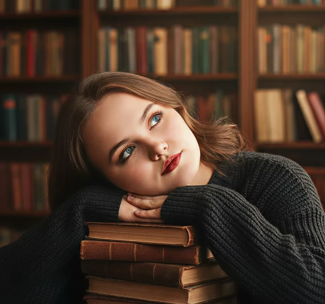 An author resting on a stack of books in a library