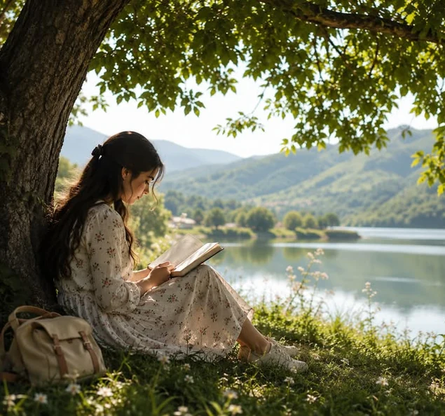 A writer reading by a lake under a tree