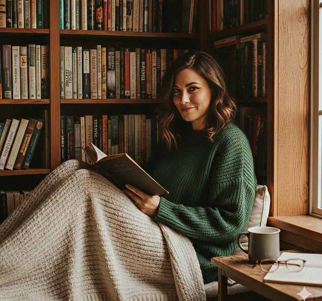 A writer reading by a bookshelf window
