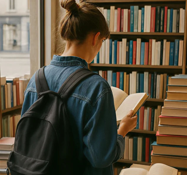 A reader browsing a bookshelf with a backpack
